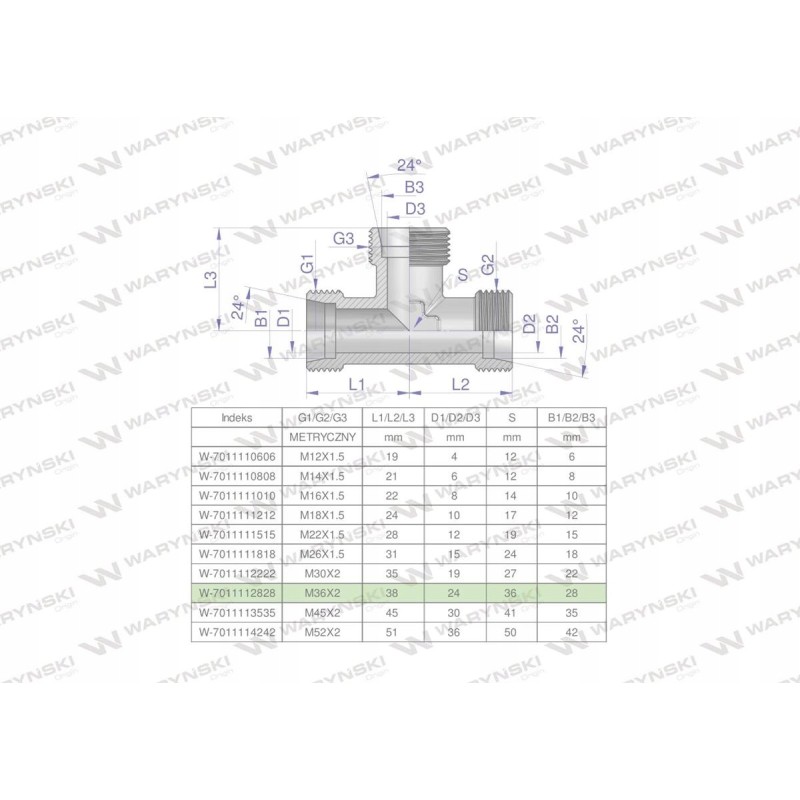 Metric hydraulic tee bbb m36x2 28l xt