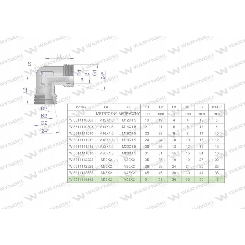 Metric hydraulic elbow bb m52x2 42l x w