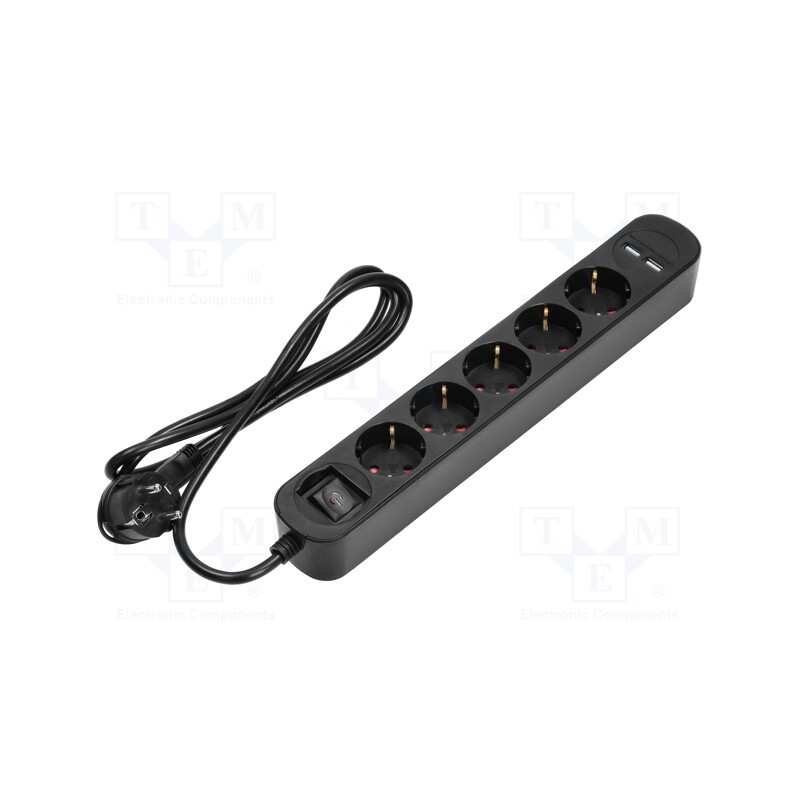 1 pcs x VIRONE - PS-1(GS)/B/1,5M - Plug socket strip: protective, Sockets: 5, 230VAC, 10A, black, IP20
