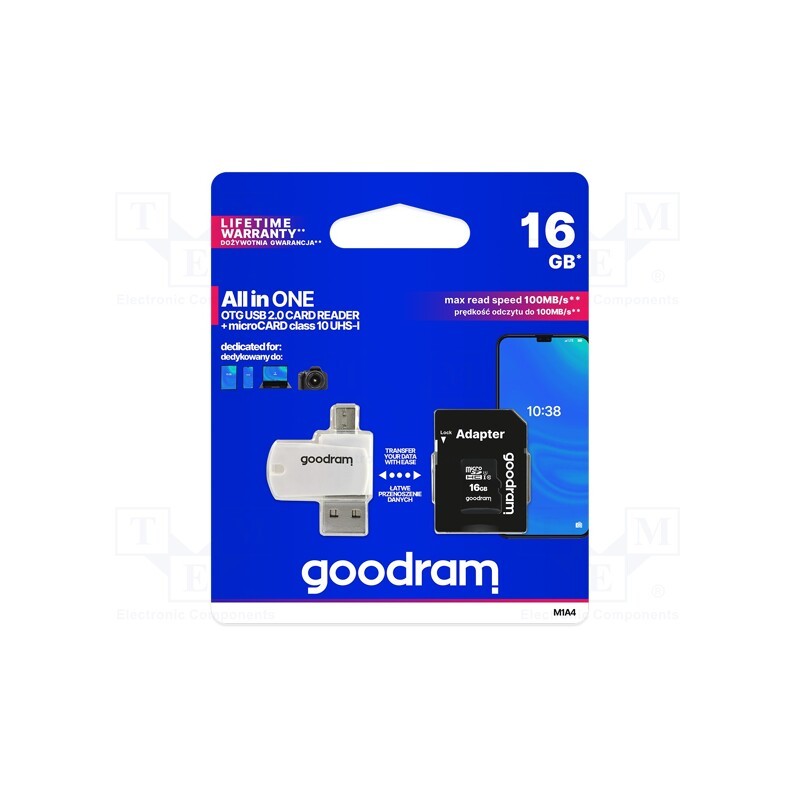 1 pcs x GOODRAM - M1A4-0160R12 - Memory card, microSDHC, R: 100MB/s, W: 10MB/s, Class 10 UHS U1