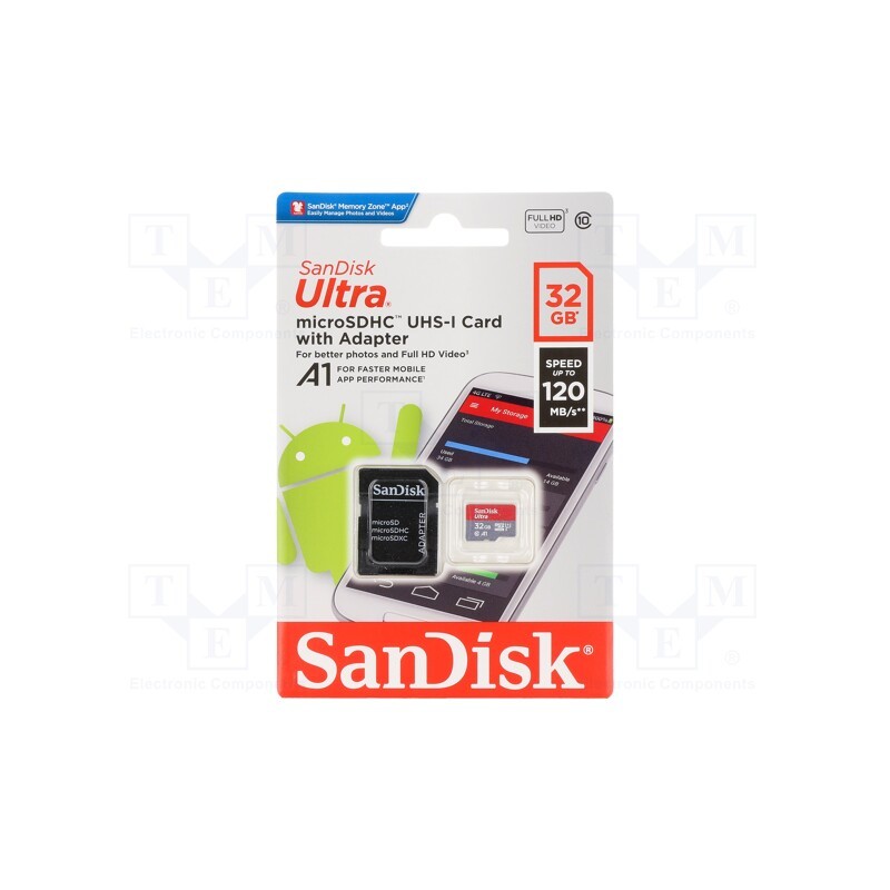1 pcs x SANDISK - SDSQUA4-032G-GN6MA - Memory card, Android, microSDHC, R: 120MB/s, Class 10 UHS U1, 32GB