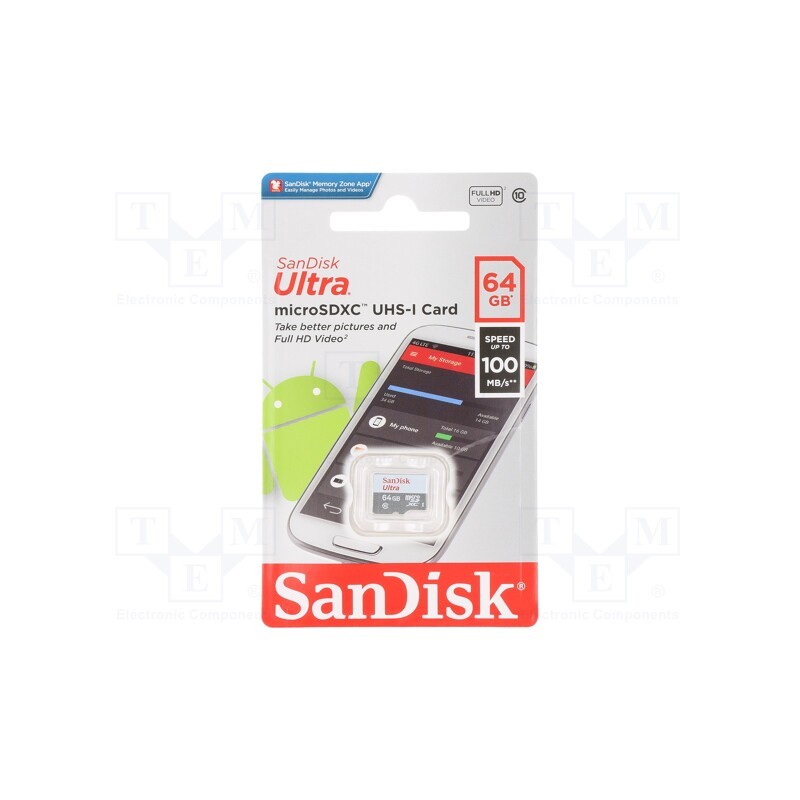 1 pcs x SANDISK - SDSQUNR-064G-GN3MN - Memory card, Android, microSDXC, R: 100MB/s, Class 10 UHS U1, 64GB