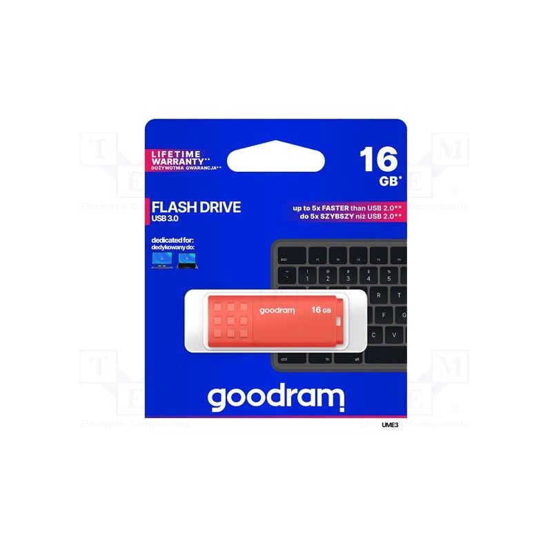 1 pcs x GOODRAM - UME3-0160O0R11 - Pendrive, USB 3.0, 16GB, R: 60MB/s, W: 20MB/s, USB A, orange