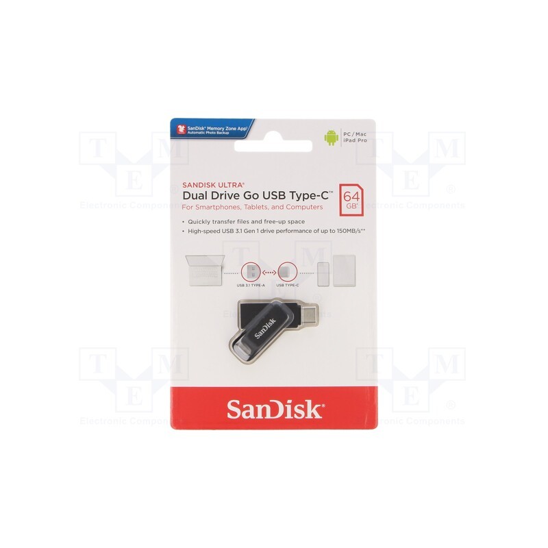 1 pcs x SANDISK - SDDDC3-064G-G46 - Pendrive, USB 3.1, 64GB, R: 150MB/s, USB A,USB C, DUAL DRIVE GO