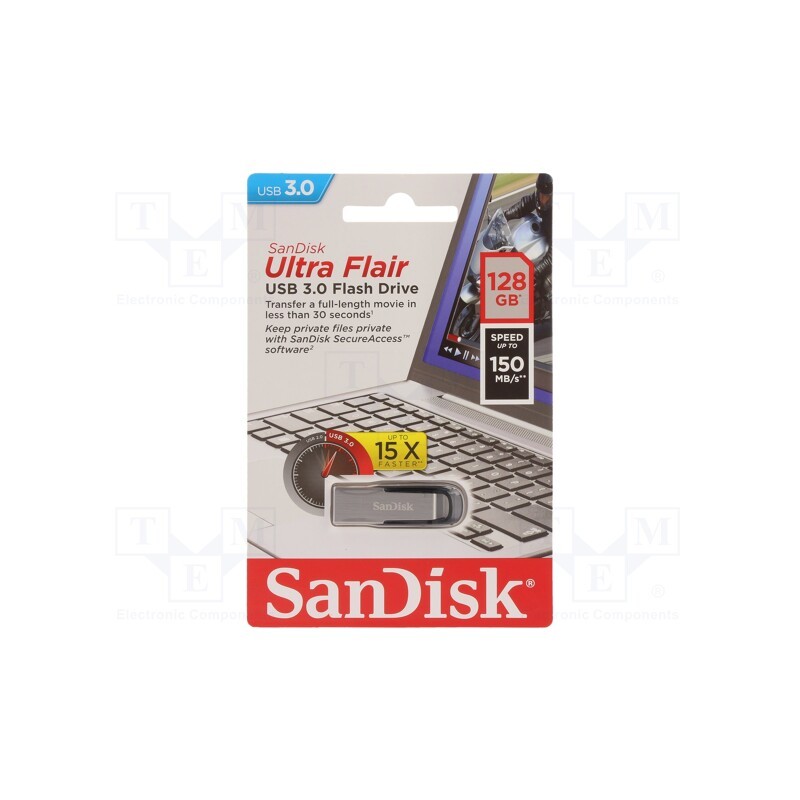 1 pcs x SANDISK - SDCZ73-128G-G46 - Pendrive, USB 3.0, 128GB, R: 150MB/s, USB A, ULTRA FLAIR, black
