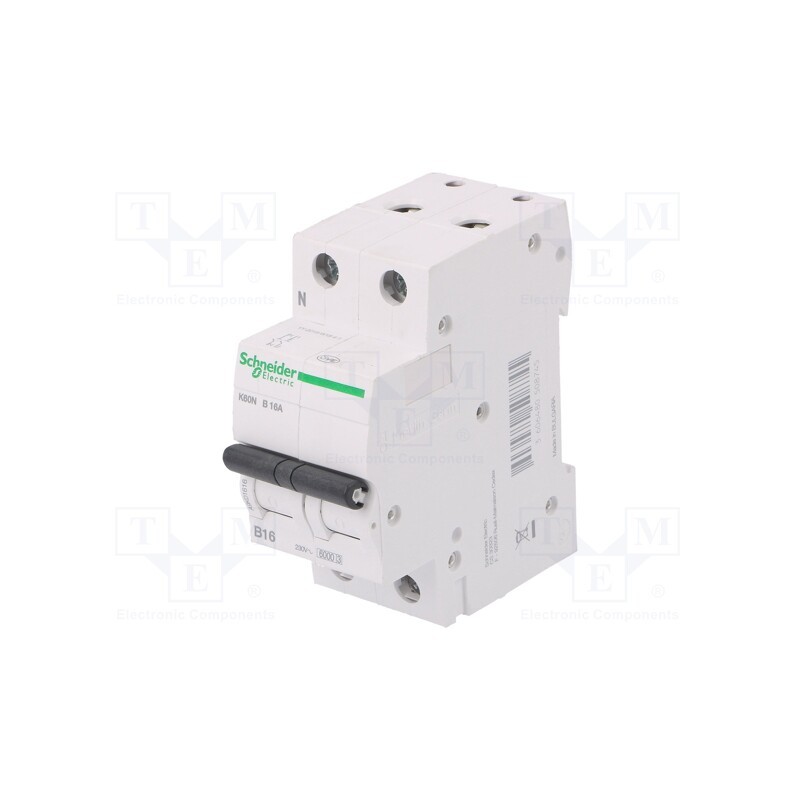 1 pcs x SCHNEIDER ELECTRIC - A9K01616 - Circuit breaker, 230/400VAC, Inom: 16A, Poles: 1+N, Charact: B, 6kA