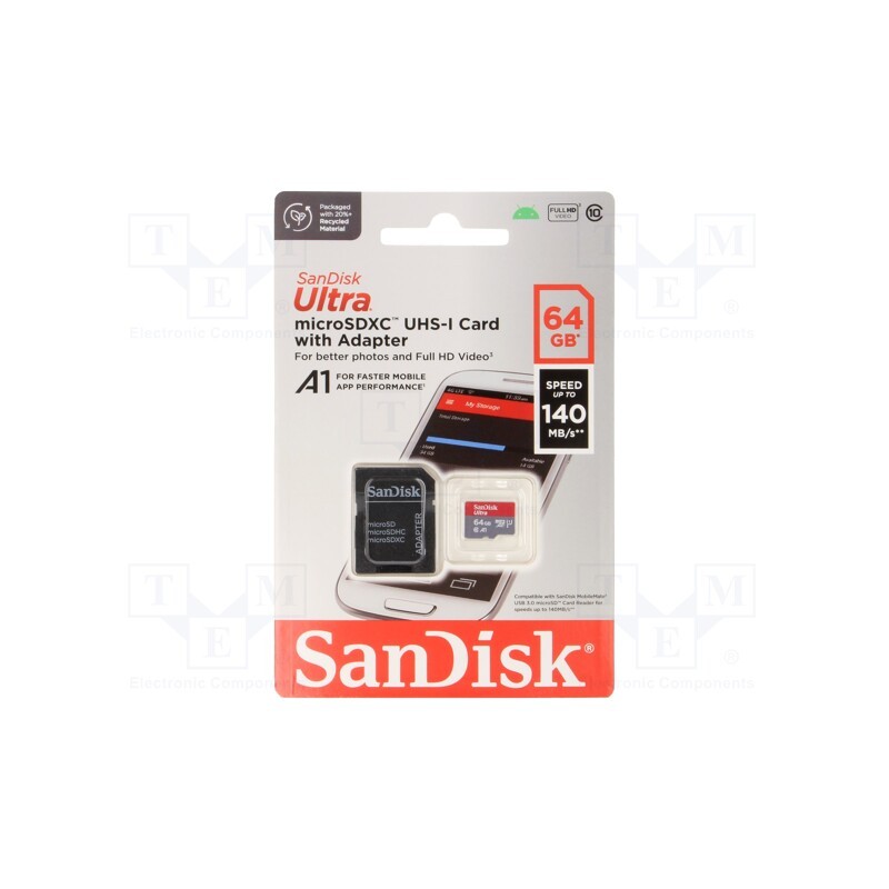 1 pcs x SANDISK - SDSQUAB-064G-GN6MA - Memory card, Android, microSDXC, R: 140MB/s, Class 10 UHS U1, 64GB