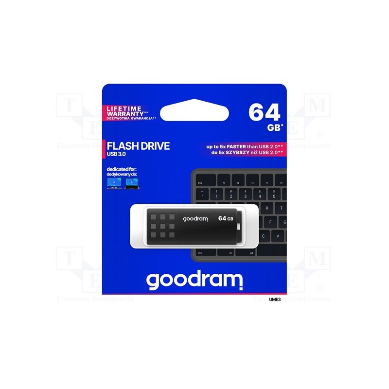 1 pcs x GOODRAM - UME3-0640K0R11 - Pendrive, USB 3.0, 64GB, R: 60MB/s, W: 20MB/s, USB A, black