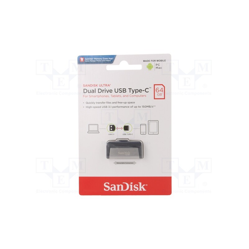 1 pcs x SANDISK - SDDDC2-064G-G46 - Pendrive, OTG,USB 3.1, 64GB, R: 150MB/s, USB A,USB C