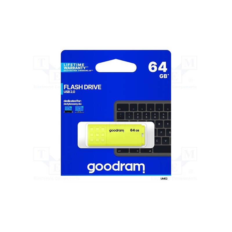 1 pcs x GOODRAM - UME2-0640Y0R11 - Pendrive, USB 2.0, 64GB, R: 20MB/s, W: 5MB/s, USB A, yellow