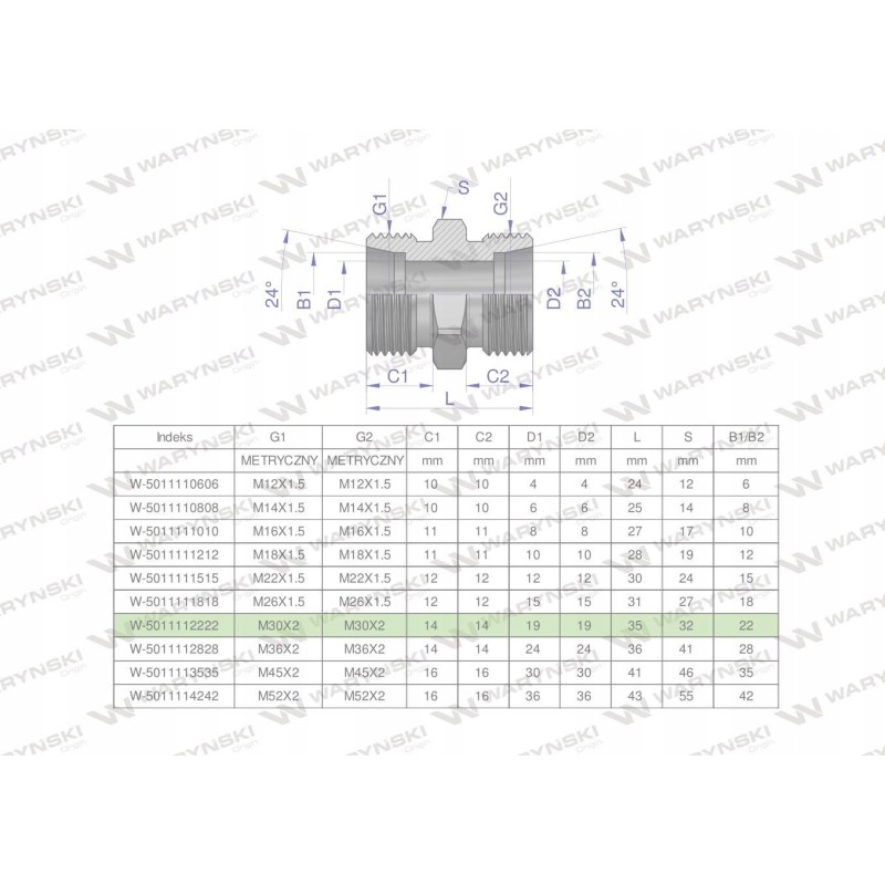 Metric hydraulic connector bb m30x2 22l xg