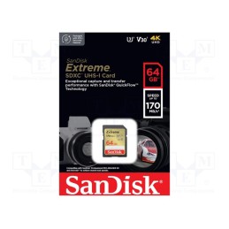 1 pcs x SANDISK - SDSDXV2-064G-GNCIN - Memory card, Extreme, SDXC, R: 170MB/s, W: 80MB/s, UHS I U3 V30
