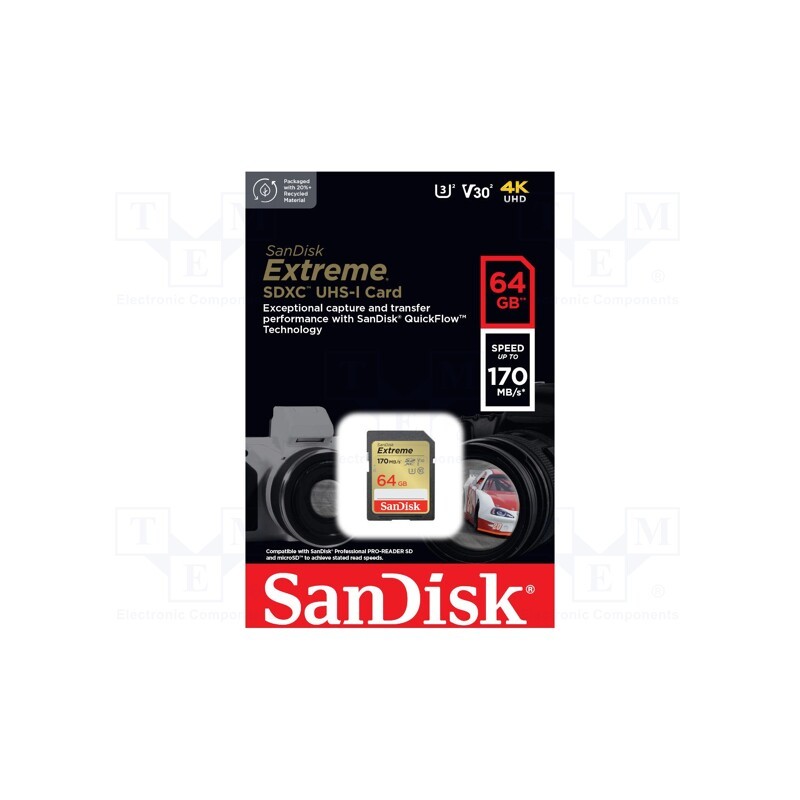 1 pcs x SANDISK - SDSDXV2-064G-GNCIN - Memory card, Extreme, SDXC, R: 170MB/s, W: 80MB/s, UHS I U3 V30