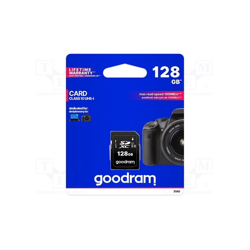 1 pcs x GOODRAM - S1A0-1280R12 - Memory card, SDXC, R: 100MB/s, W: 10MB/s, Class 10 UHS U1, 128GB