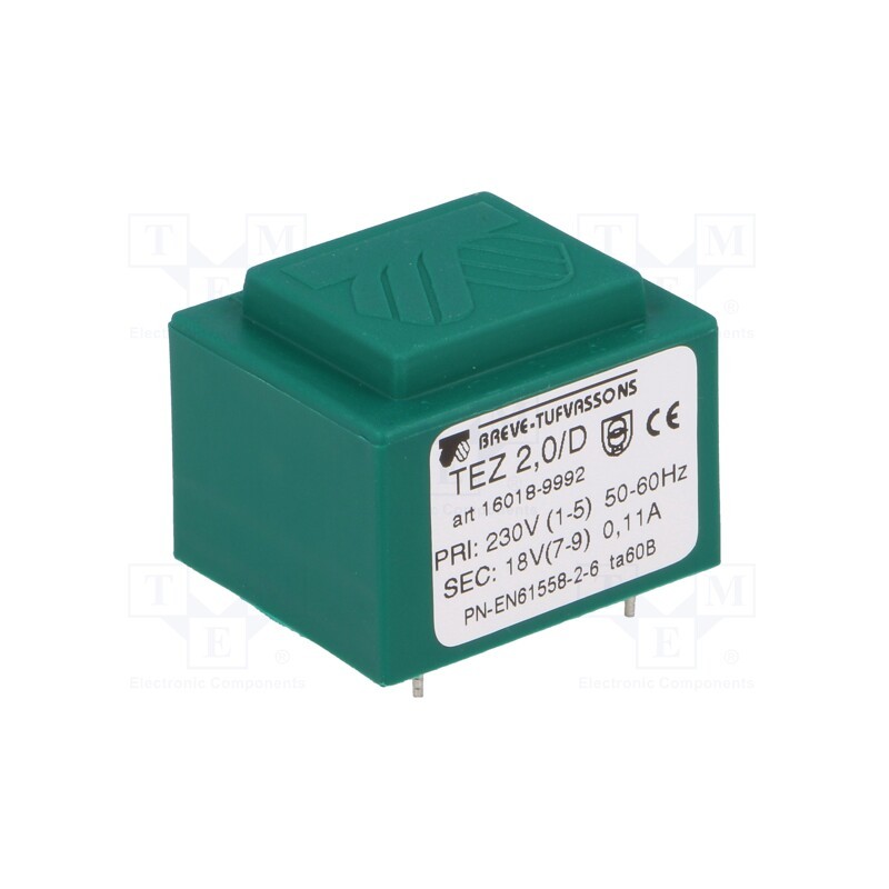 1 pcs x BREVE TUFVASSONS - TEZ2/D230/18V - Transformer: encapsulated, 2VA, 230VAC, 18V, 111.1mA, PCB, IP00