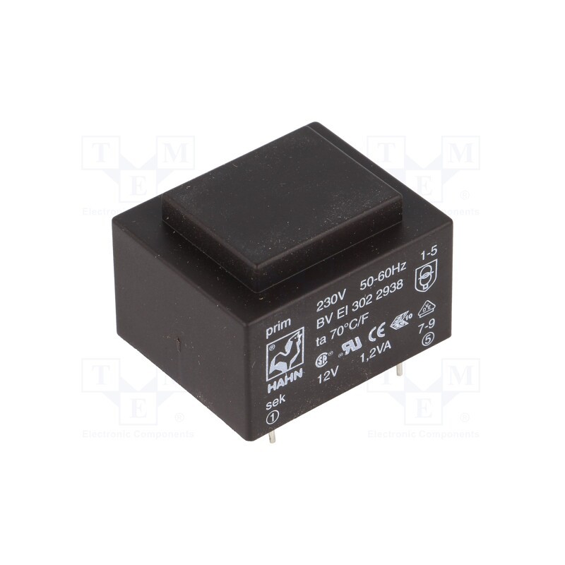 1 pcs x HAHN - BV EI 302 2938 - Transformer: encapsulated, 1.2VA, 230VAC, 12V, 100mA, PCB, BVEI