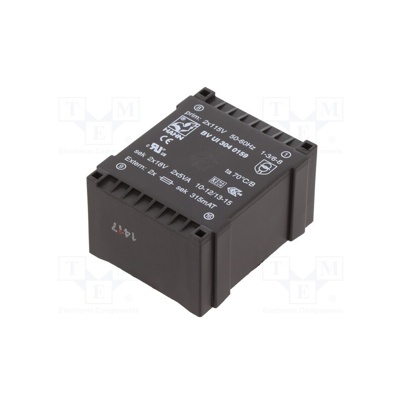 1 pcs x HAHN - BV UI 304 0159 - Transformer: encapsulated, 10VA, 115VACx2, 18V, 18V, 277mA, 277mA