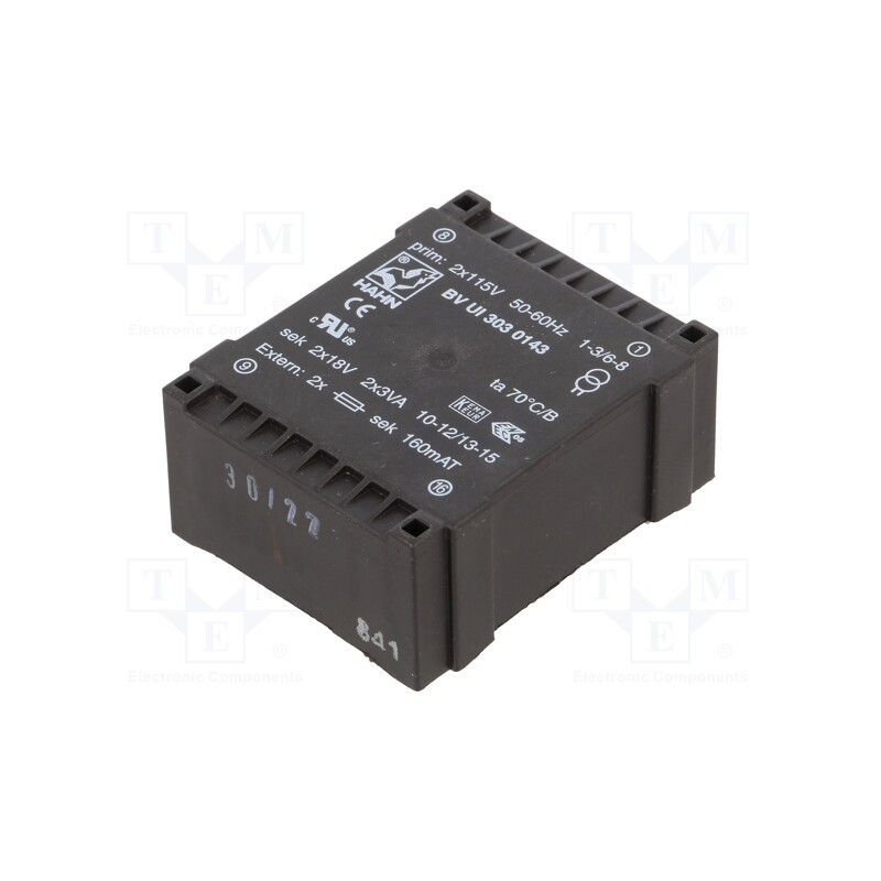 1 pcs x HAHN - BV UI 303 0143 - Transformer: encapsulated, 6VA, 115VACx2, 18V, 18V, 166mA, 166mA