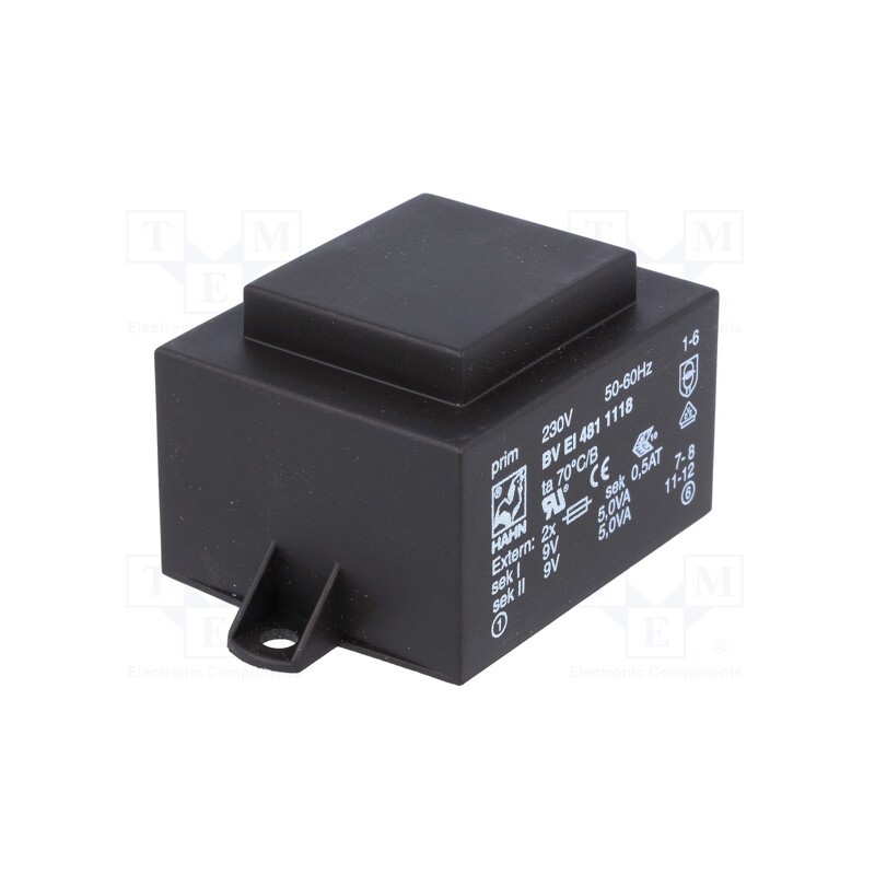 1 pcs x HAHN - BV EI 481 1118 - Transformer: encapsulated, 10VA, 230VAC, 9V, 9V, 556mA, 556mA, PCB