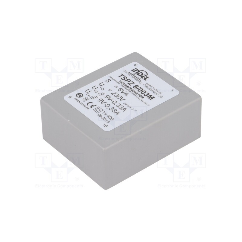 1 pcs x INDEL - TSPZ6/003 - Transformer: encapsulated, 6VA, 230VAC, 9V, 9V, 330mA, 330mA, PCB