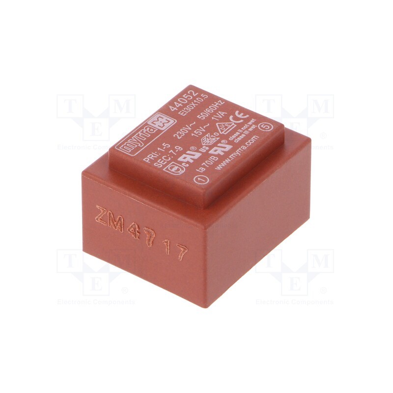 1 pcs x MYRRA - 44052 - Transformer: encapsulated, 1VA, 230VAC, 15V, 67mA, PCB