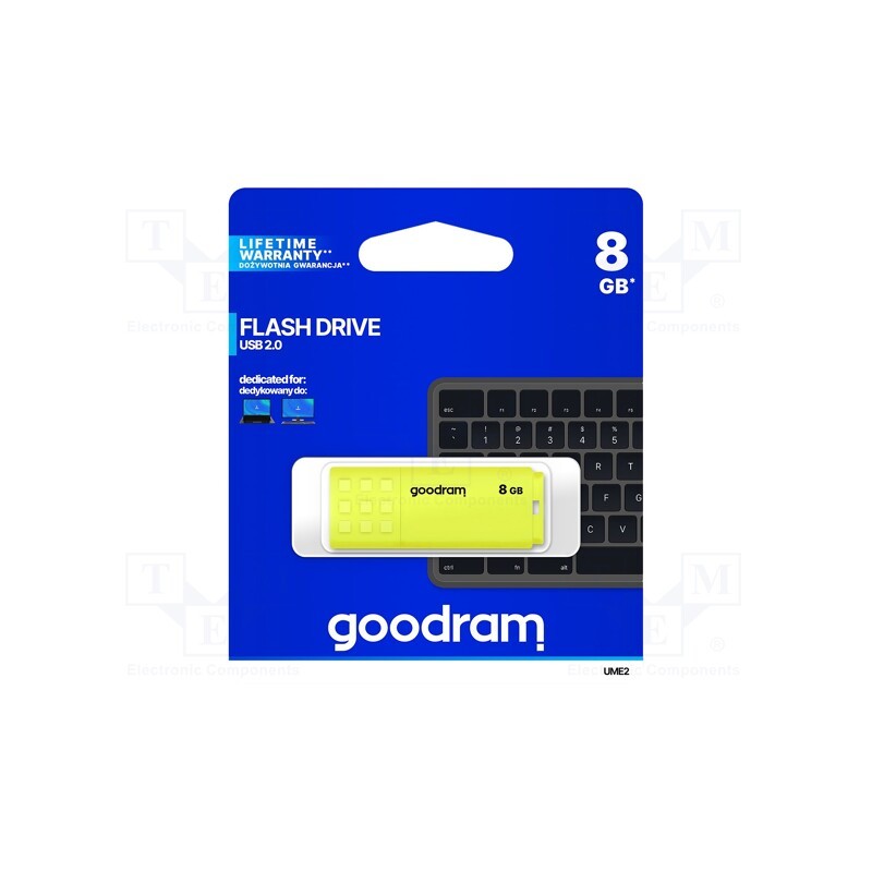 1 pcs x GOODRAM - UME2-0080Y0R11 - Pendrive, USB 2.0, 8GB, R: 20MB/s, W: 5MB/s, USB A, yellow