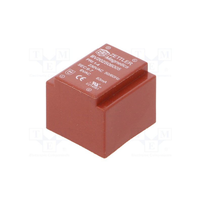 1 pcs x ZETTLER - BV202S06005ZU - Transformer: encapsulated, 0.5VA, 230VAC, 6.3V, 83.3mA, PCB