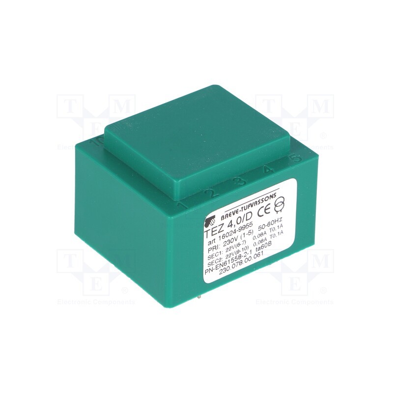 1 pcs x BREVE TUFVASSONS - TEZ4/D230/22-22V - Transformer: encapsulated, 4VA, 230VAC, 22V, 22V, PCB, IP00, A: 35mm