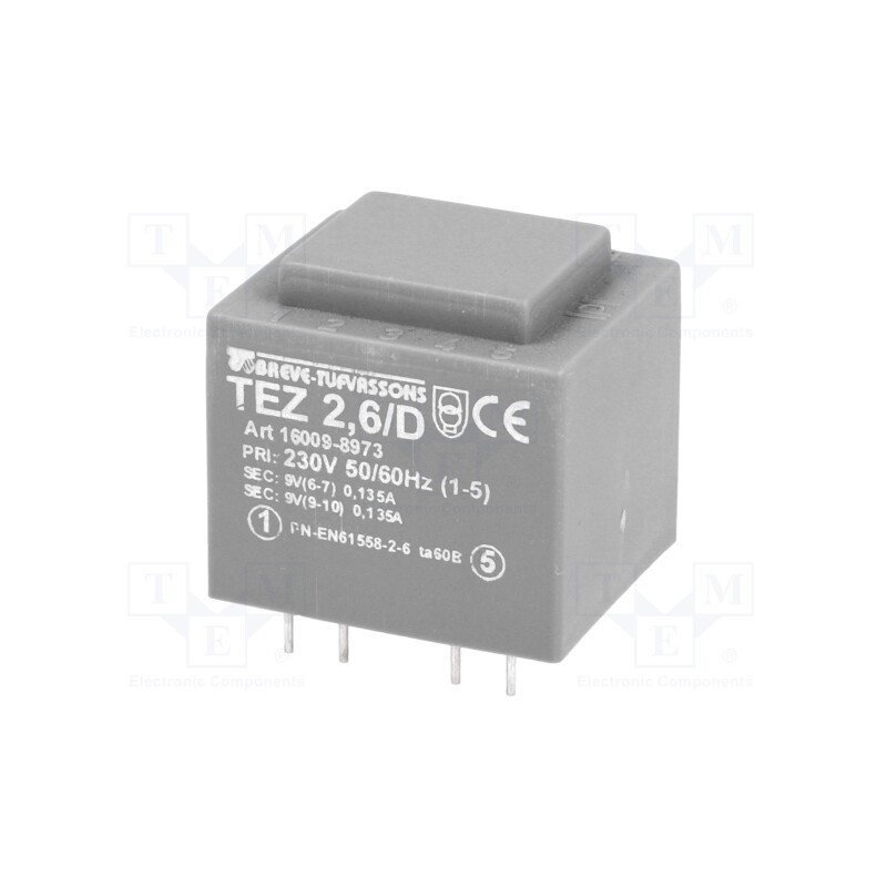 1 pcs x BREVE TUFVASSONS - TEZ2.6/D230/9-9V - Transformer: encapsulated, 2.5VA, 230VAC, 9V, 9V, 138.9mA, 138.9mA