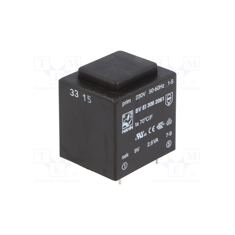 1 pcs x HAHN - BV EI 306 2061 - Transformer: encapsulated, 2.6VA, 230VAC, 9V, 289mA, PCB, BVEI