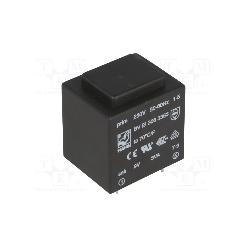 1 pcs x HAHN - BV EI 306 3363 - Transformer: encapsulated, 3VA, 230VAC, 9V, 333mA, PCB, BVEI