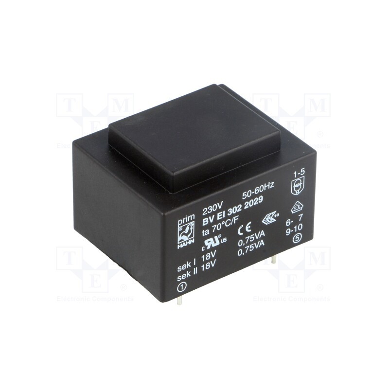 1 pcs x HAHN - BV EI 302 2029 - Transformer: encapsulated, 1.5VA, 230VAC, 18V, 18V, 41mA, 41mA, PCB