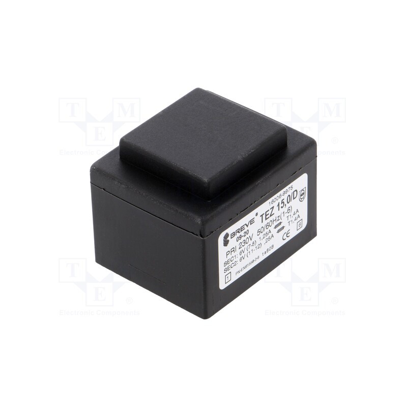 1 pcs x BREVE TUFVASSONS - TEZ15.0/D230/6-6V - Transformer: encapsulated, 15VA, 230VAC, 6V, 6V, 1.25A, 1.25A, PCB