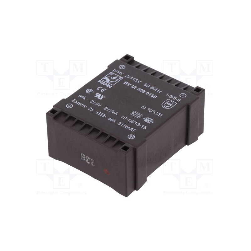 1 pcs x HAHN - BV UI 303 0158 - Transformer: encapsulated, 6VA, 115VACx2, 9V, 9V, 334mA, 334mA, PCB