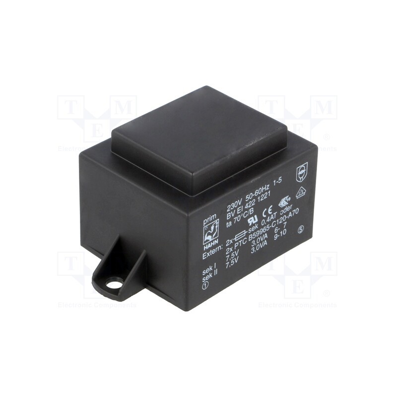 1 pcs x HAHN - BV EI 422 1221 - Transformer: encapsulated, 6VA, 230VAC, 7.5V, 7.5V, 400mA, 400mA