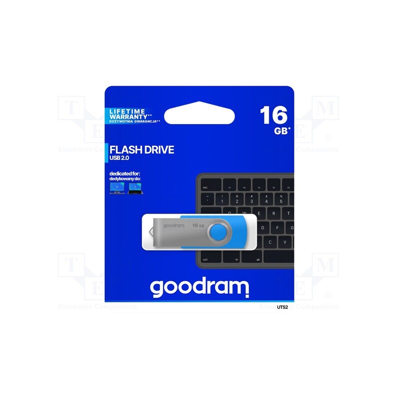 1 pcs x GOODRAM - UTS2-0160B0R11 - Pendrive, USB 2.0, 16GB, R: 20MB/s, W: 5MB/s, USB A, blue