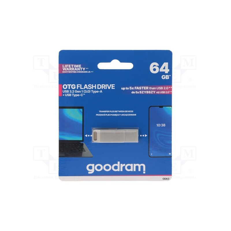 1 pcs x GOODRAM - ODA3-0640S0R11 - Pendrive, USB 3.2, 64GB, R: 60MB/s, W: 20MB/s, USB A, silver