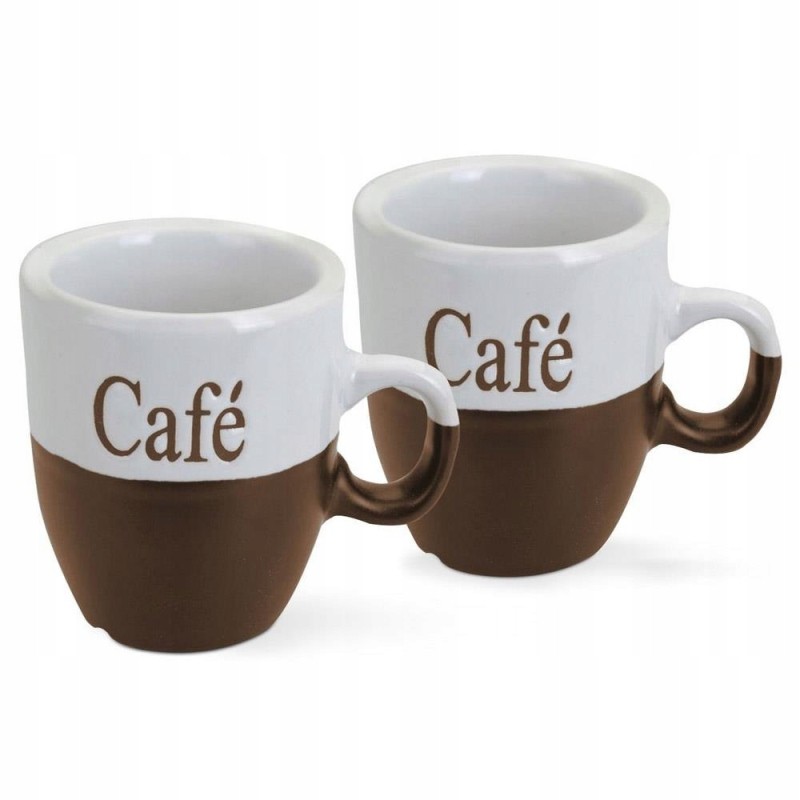 A set of white and brown coffee mugs