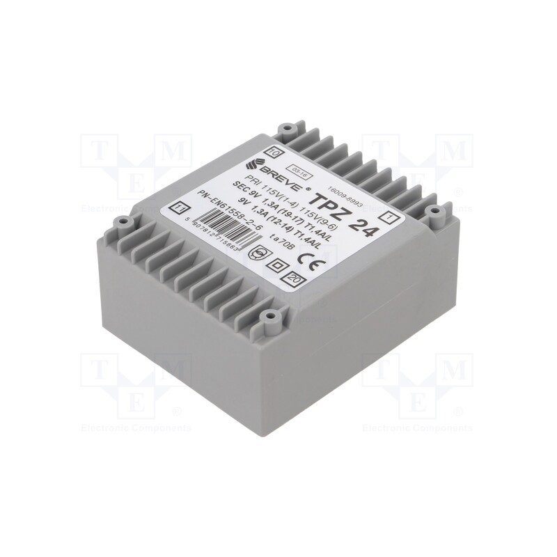 1 pcs x BREVE TUFVASSONS - TPZ24/2*115/2*9V - Transformer: mains, 24VA, 115VAC,230VAC, 9V, 9V, PCB, IP00