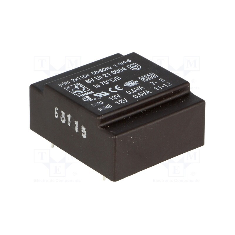 1 pcs x HAHN - BV UI 21 0004 - Transformer: encapsulated, 1VA, 115VACx2, 12V, 12V, 41mA, 41mA, PCB
