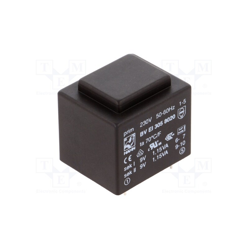 1 pcs x HAHN - BV EI 305 8020 - Transformer: encapsulated, 2.3VA, 230VAC, 9V, 9V, 128mA, 128mA, PCB