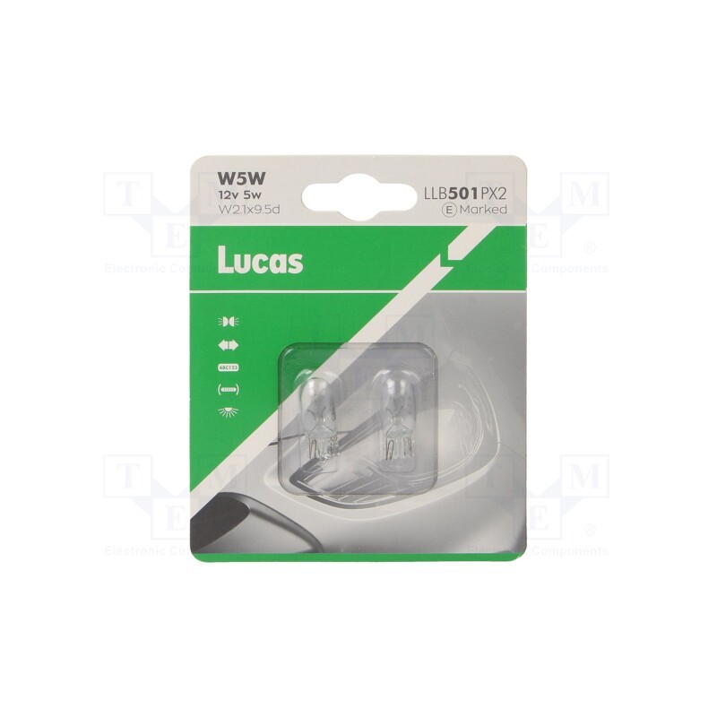 5 set x LUCAS - LLB501PX2 - Filament lamp: automotive, W2,1x9,5d, transparent, 12V, 5W, LLB