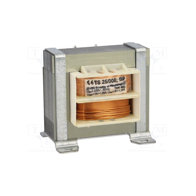 1 pcs x INDEL - TS 25/008 - Transformer: mains, 25VA, 230VAC, 9V, 9V, 1.35A, 1.35A, screw type