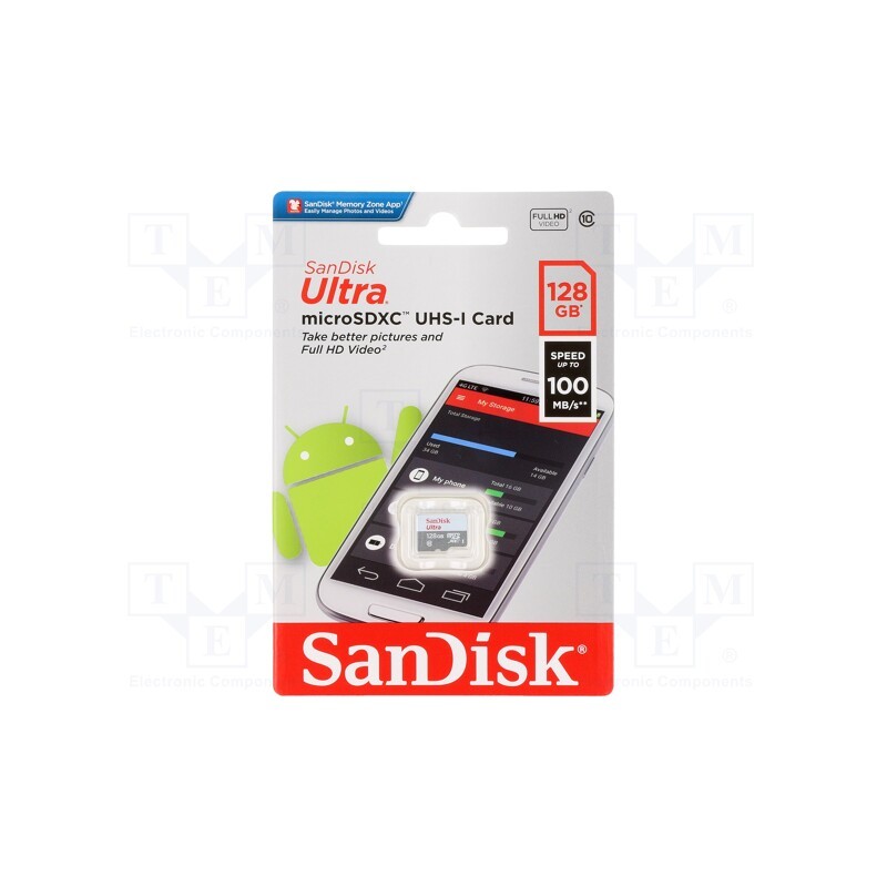 1 pcs x SANDISK - SDSQUNR-128G-GN6MN - Memory card, Android, microSDXC, R: 100MB/s, Class 10 UHS U1