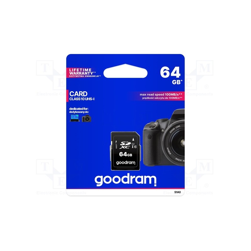 1 pcs x GOODRAM - S1A0-0640R12 - Memory card, SDXC, R: 100MB/s, W: 10MB/s, Class 10 UHS U1, 64GB