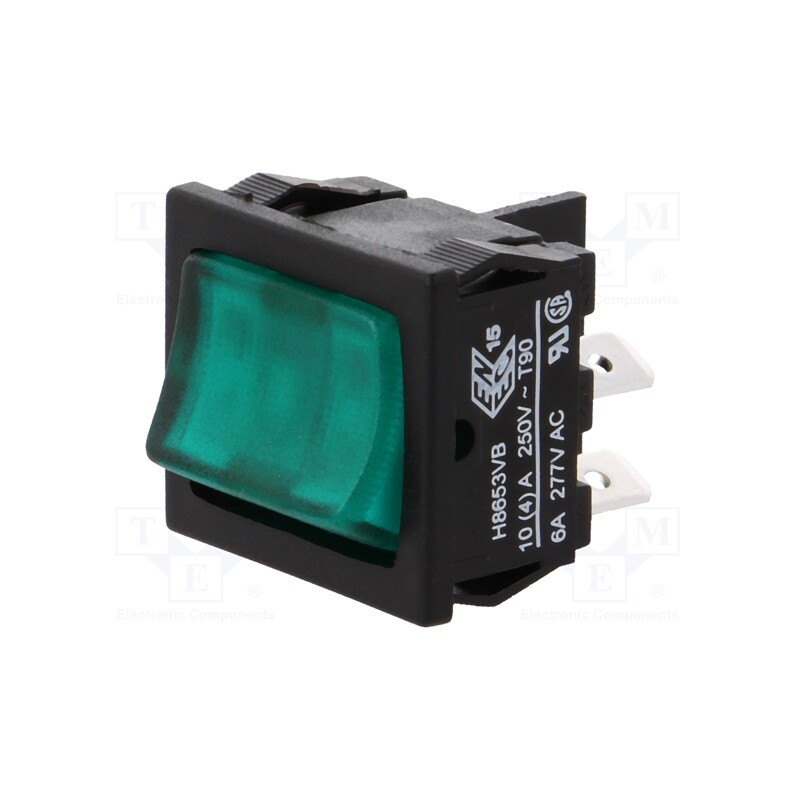 1 pcs x BULGIN - H8653VBBG3 - ROCKER, DPST, Pos: 2, ON-OFF, 10A/250VAC, 10A/28VDC, green, 230V