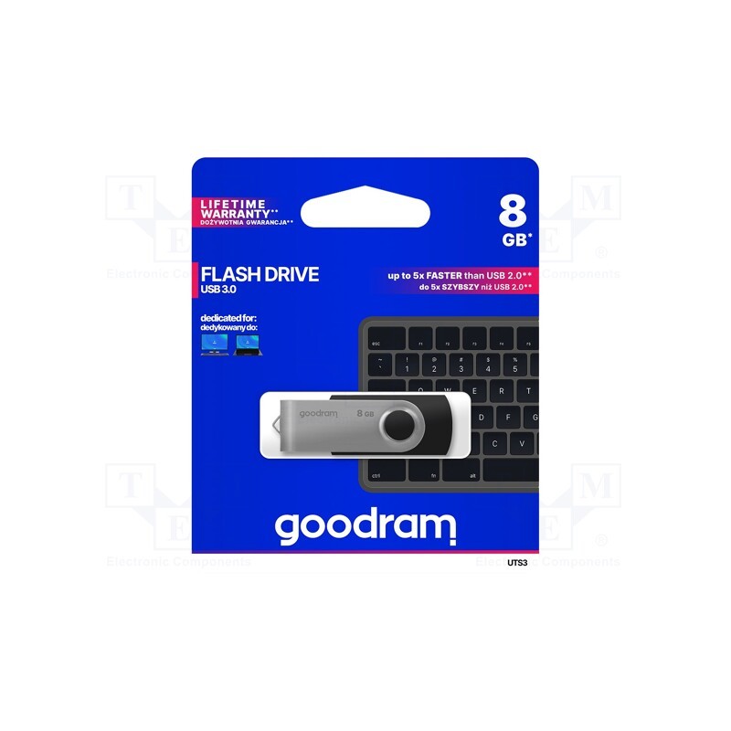 1 pcs x GOODRAM - UTS3-0080K0R11 - Pendrive, USB 3.0, 8GB, R: 110MB/s, W: 20MB/s, black