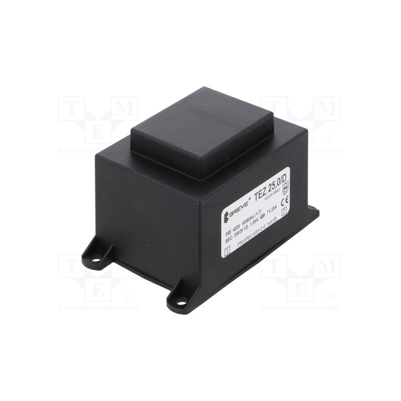 1 pcs x BREVE TUFVASSONS - TEZ25/D400/24V - Transformer: encapsulated, 25VA, 400VAC, 24V, 1041.6mA, PCB, IP00
