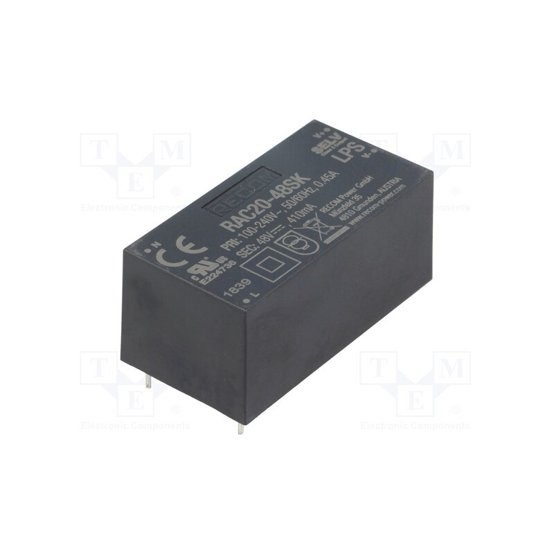 1 pcs x RECOM - RAC20-48SK - Converter: AC/DC, 20W, 85÷264VAC, Usup: 120÷370VDC, Uout: 48VDC