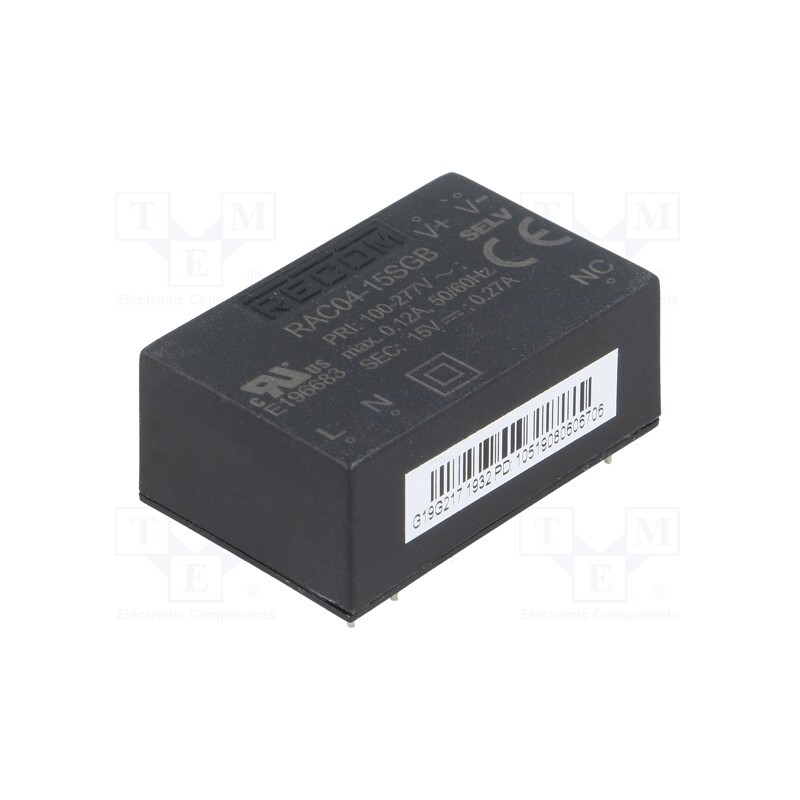 1 pcs x RECOM - RAC04-15SGB - Converter: AC/DC, 4W, 85÷305VAC, Usup: 120÷430VDC, Uout: 15VDC, 78%